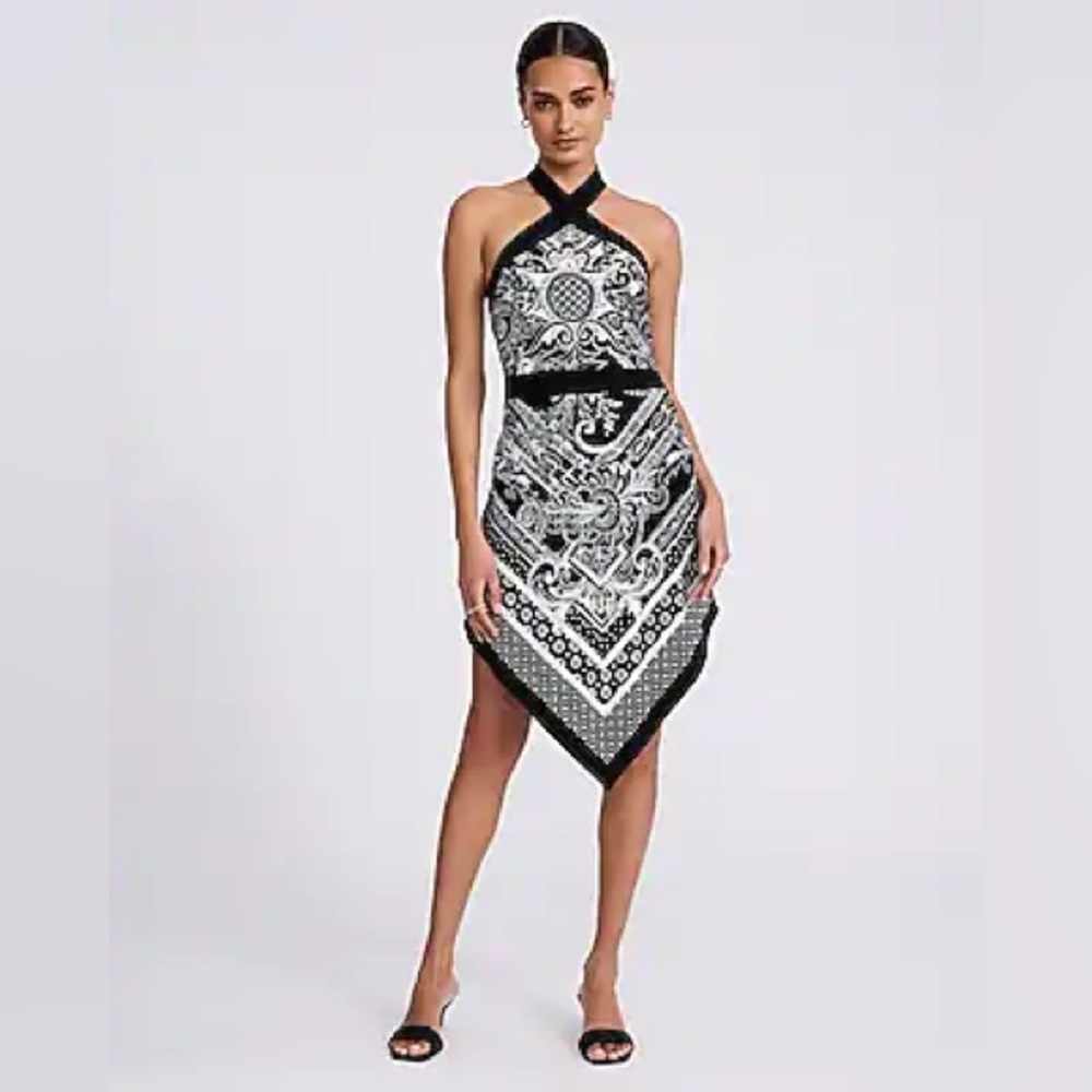 Express Printed Halter Sleeveless Handkerchief Mini Dress NWT Black White Size S